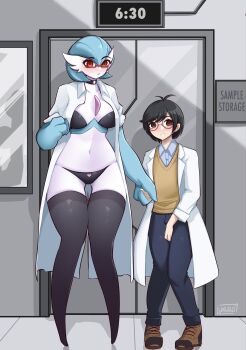1boy 1girl alternate_color black_bra black_choker black_hair black_panties black_thighhighs blue_hair blush bob_cut bra breasts choker clock coat dot_nose dr._voir_(nanosheep) english_text eyelashes full_body furry gardevoir gen_3_pokemon glasses grin hair_between_eyes hair_ornament hairclip heart highres indoors lab_coat large_breasts looking_at_viewer luxu mega_stone mole mole_under_eye nanosheep_(character) navel nintendo open_clothes open_coat panties pants pokemon pokemon_(creature) red-framed_eyewear red_eyes semi-rimless_eyewear shiny_clothes shiny_pokemon shiny_skin shoes short_hair smile teacher_and_student thick_eyebrows thick_thighs thighhighs thighs time underwear wavy_mouth white_coat