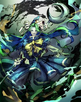 Rule 34 | 1girl, aura, blue capelet, blue hat, blue skirt, blue vest, bow, bowtie, capelet, commentary, crescent, dauchimk 1, full body, ghost tail, green hair, hat, hat bow, highres, holding, holding staff, long hair, long sleeves, mima (touhou), ribbon, shirt, skirt, solo, staff, sun print, touhou, touhou (pc-98), traditional media, very long hair, vest, white ribbon, white shirt, wizard hat, yellow bow, yellow bowtie