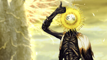 1boy arm_up bracelet cape colored_skin elden_ring emaciated erdtree_(elden_ring) facing_viewer giant_tree glowing_tree gold_armband gold_bracelet goldmask's_mask goldmask_(elden_ring) grey_skin jewelry male_focus mask sasu sky solo thumbs_up torn_cape torn_clothes tree upper_body white_cape yellow_sky