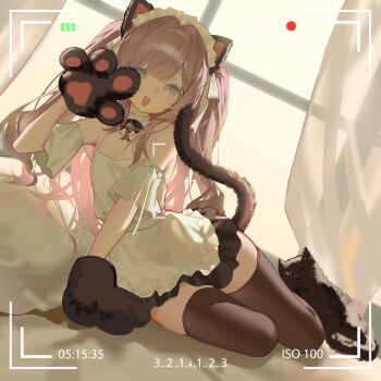 1girl absurdres animal_hands azur_lane bell black_cat black_skirt black_thighhighs breasts cat commentary_request dress frilled_hairband frills gloves grey_eyes hair_ribbon hairband highres long_hair looking_at_viewer neck_bell official_alternate_costume oxiete paw_gloves purple_hair ribbon skirt small_breasts smile solo tail thighhighs two_side_up viewfinder vittorio_cuniberti_(azur_lane) vittorio_cuniberti_(on_the_habits_of_cats)_(azur_lane)