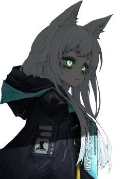 1girl absurdres aizettonagi animal_ears arknights bags_under_eyes black_jacket cat_ears cat_girl closed_mouth glowing glowing_eyes green_eyes highres hood hood_down hooded_jacket jacket long_hair rosmontis_(arknights) shade simple_background solo upper_body white_background white_hair