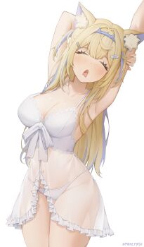 1girl absurdres alternate_costume amaterasu_(artist) animal_ears armpits arms_up babydoll bandaid bandaid_hair_ornament blonde_hair blue_hairband blue_streaks breasts cleavage closed_eyes commentary crossed_bangs dog_ears dog_girl dog_tail double-parted_bangs drooling english_commentary fake_horns frilled_babydoll fuwawa_abyssgard hair_between_eyes hair_ornament hairband hairclip highres hololive hololive_english horn_hairband horns large_breasts long_hair mouth_drool navel open_mouth panties parallel_hairclips simple_background solo stomach stretching tail two_side_up underwear virtual_youtuber white_babydoll white_background white_panties