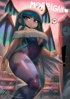 ! 1girl absurdres animal_print bat_print black_leotard blush breasts bridal_gauntlets building capcom city cityscape cleavage cleavage_cutout clock clock_tower clothing_cutout darkstalkers demon_girl demon_wings green_hair green_lips grin head_wings heart highres large_breasts leotard long_hair looking_at_viewer morrigan_aensland off-shoulder_leotard off_shoulder pantyhose pink_sky print_pantyhose purple_eyes purple_pantyhose sky skyscraper smile sparkle speech_bubble spoken_heart standing teeth thick_thighs thighs tony_welt tower wide_hips wings