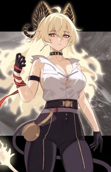 1girl ahoge arm_strap black_choker black_gloves black_horns black_pants black_tail blonde_hair breasts bright_pupils button_gap choker collarbone commentary cowboy_shot curled_horns fire flame-tipped_tail gloves hair_between_eyes high-waist_pants highres horns key kumaking large_breasts looking_at_viewer mole mole_on_breast necktie necktie_around_wrists pants parted_lips red_eyes red_necktie shirt solo tail torn_clothes torn_shirt white_pupils white_shirt wuthering_waves zani_(wuthering_waves)