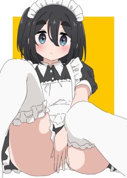 1girl alternate_costume amamiya_satsuki_(mono) apron between_legs black_hair black_shirt black_skirt blue_eyes convenient_censoring convenient_hand dateroonyan frilled_apron frilled_skirt frilled_thighhighs frills hair_between_eyes hand_between_legs looking_at_viewer maid maid_apron maid_headdress medium_hair mono_(afro) on_ground one_side_up panties pantyshot shirt simple_background sitting sitting_backwards skirt thick_eyebrows thighhighs underwear white_panties white_thighhighs yellow_background
