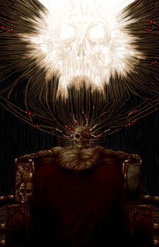 1boy absurdres bone commentary corpse emperor_of_mankind english_commentary highres imageboard_desourced imperium_of_man mortimer_sm nose_tube ornate purity_seal ribs script scripture seal_script single_mechanical_eye sitting sitting_on_throne skeleton skull skull_ornament solo spirit throne tube warhammer_40k