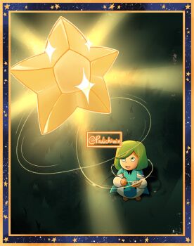 1girl coco_(tongari_boushi_no_atelier) grass green_eyes green_hair highres holding holding_pen magic open_mouth paulichiwidraw pen qifrey&#039;s_atelier_apprentice_uniform short_hair solo star_(symbol) tongari_boushi_no_atelier