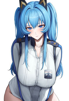 Rule 34 | 1girl, absurdres, alternate hairstyle, blue eyes, blue hair, blush, bodam, breasts, closed mouth, goddess of victory: nikke, helm (aqua marine) (nikke), helm (nikke), highres, large breasts, long hair, long sleeves, looking at viewer, official alternate costume, sidelocks, simple background, solo, twintails, white background