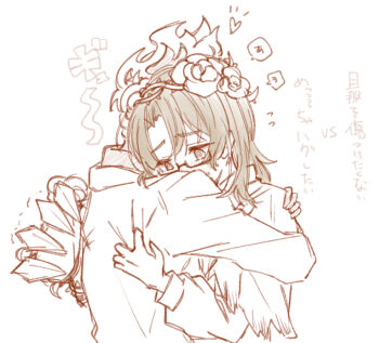 Rule 34 | 1boy, 1other, @ @, about to cry, absurdres, alternate costume, beard stubble, black-framed eyewear, black-framed glasses, blush, brown hair, capelet, clock, clothes grab, coat, crown of thorns, dante (limbus company), dress, e.g.o (project moon), embarrassed, facial hair, fire, flower, flower wreath, flying sweatdrops, garden of thorns (e.g.o), gauntlet, gauntlets, glasses, gloves, gregor (project moon), greyscale, hair between eyes, hair flower, hair intakes, hair ornament, hair vines, hairband, head wreath, heart, highres, hug, lily26983455, limbus company, long hair, long sleeves, male bride, male focus, monochrome, nose blush, object head, official alternate costume, parted bangs, plant, project moon, rose, sash, semi-rimless eyewear, shoulder sash, simple background, single gauntlet, sketch, speech bubble, stubble, thorns, torn capelet, torn clothes, trembling, turtleneck, turtleneck dress, under-rim eyewear, upper body, vines