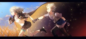 1boy 1girl 625light absurdres aged_down ancient_greek_clothes black_background black_boots black_border black_gloves black_jacket black_pants black_skirt blue_cape blue_eyes blue_sky boots border buttons cape child clenched_hand closed_mouth cloud cloudy_sky collarbone commentary day fingerless_gloves floating_clothes floating_hair gloves greco-roman_clothes grey_hair groin hand_up hashtag-only_commentary high_heel_boots high_heels highres himation holding_hands honkai:_star_rail honkai_(series) jacket leg_up long_hair long_sleeves looking_at_another looking_to_the_side miniskirt official_alternate_costume open_clothes open_jacket open_mouth outdoors pants phainon_(a_dream_scented_in_wheat)_(honkai:_star_rail) phainon_(honkai:_star_rail) pleated_skirt puffy_long_sleeves puffy_sleeves purple_gloves purple_shirt running shirt short_hair skirt sky smile stelle_(honkai:_star_rail) symbol-only_commentary t-shirt thigh_strap trailblazer_(honkai:_star_rail) two-sided_fabric two-sided_jacket weeds white_shirt wristband yellow_eyes yellow_jacket