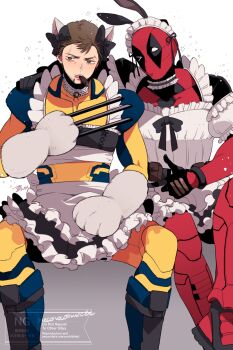Rule 34 | > o, 2boys, alternate costume, animal ears, animal hands, animification, apron, artist name, back bow, beard stubble, bell, belt, belt pouch, black belt, black bow, black choker, black dress, black gloves, black skirt, bodysuit, bow, bowtie, brown eyes, brown hair, cat ears, cat paws, choker, cigar, claw (weapon), commentary request, crossdressing, crossdressing (mtf), deadpool, deadpool &amp; wolverine, deadpool (series), dress, enmaided, facial hair, fake animal ears, feet out of frame, frilled choker, frilled dress, frills, gloves, hair bow, highres, looking at viewer, maid, male focus, marvel, multiple boys, muscular, muscular male, neck bell, nekoneko muscle, one eye closed, paw gloves, pouch, puffy short sleeves, puffy sleeves, rabbit ears, red bodysuit, red mask, scar, scar on chin, scar on face, short hair, short sleeves, simple background, sitting, skirt, stubble, superhero costume, watermark, weapon, white apron, white background, white bow, white choker, wolverine (x-men), yellow bodysuit