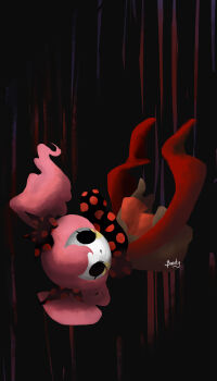 1girl absurdres artist_name black_background black_eyes bow bursty character_request colored_skin commentary english_commentary falling hair_between_eyes hair_bow highres mahou_shoujo_madoka_magica mahou_shoujo_madoka_magica_(anime) multiple_hair_bows polka_dot polka_dot_bow red_hair solo twintails white_skin