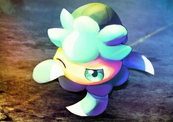 alternate_color commentary_request fomantis full_body gen_7_pokemon green_eyes nintendo no_humans no_mouth omega_takai outdoors pokemon pokemon_(creature) shiny_pokemon solo wiping_face