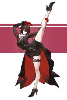 1girl absurdres arknights arms_up ascot bare_legs bike_shorts black_coat black_hair black_shoes breasts coat coattails commentary_request entelechia_(arknights) full_body gloves high_heels highres leg_up looking_at_viewer medium_breasts parted_lips playerz pointy_ears red_background red_eyes red_gloves shoes short_hair smile solo split standing standing_on_one_leg standing_split thigh_strap two-tone_background white_ascot white_background