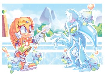 1girl 1other blue_eyes chao_(sonic) chaos_(sonic) chaos_0 drawntildawn flower furry furry_female gloves green_skirt highres holding holding_flower lily_(flower) looking_at_another neutral_chao orange_fur sandals skirt sonic_(series) sonic_adventure tikal_the_echidna white_flower white_gloves white_sandals