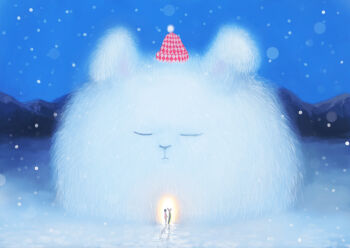 Rule 34 | 1girl, animal, beanie, black hair, blue sky, commentary request, dress, fluffy, food, hat, nuq, original, outdoors, oversized animal, rabbit, red dress, red hat, shrimp, shrimp tempura, sky, snow, snowing, solo, tempura