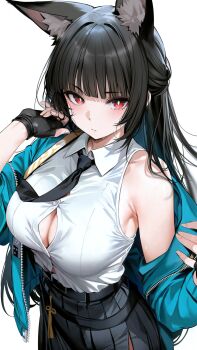 1girl animal_ears aqua_jacket black_gloves black_hair black_necktie black_skirt breasts bright_pupils button_gap closed_mouth collared_shirt cowboy_shot fingerless_gloves fox_ears fox_girl gloves highres hoshimi_miyabi jacket large_breasts light_blush long_hair looking_at_viewer necktie re0n red_eyes revision shirt simple_background single_off_shoulder skirt sleeveless sleeveless_shirt solo sweat very_long_hair white_background white_pupils white_shirt wing_collar zenless_zone_zero