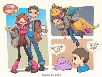 Rule 34 | 1boy, 1girl, absurdres, animal crossing, beret, brown hair, company connection, crossover, ditto, dragonite, english text, female protagonist (pokemon pokopia), flying, gen 1 pokemon, hat, highres, leg warmers, nintendo, peco2057, pokemon, pokemon (creature), pokemon pokopia, speech bubble, transformed ditto, triangle nose, villager (animal crossing)