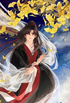 Rule 34 | 1boy, aki uzuzame, autumn leaves, black hair, black hanfu, blue sky, branch, brown hair, chinese clothes, closed mouth, cloud, commentary request, crossed arms, day, falling leaves, ginkgo leaf, hagoromo, hair ribbon, hanfu, high ponytail, highres, leaf, light particles, long hair, long sleeves, looking at viewer, male focus, modao zushi, outdoors, parted lips, ponytail, purple eyes, red ribbon, ribbon, robe, shawl, sky, smile, solo, standing, twitter username, upper body, very long hair, watermark, wei wuxian, white shawl, wide sleeves, wind