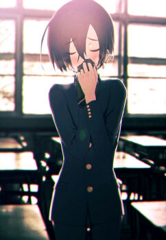 1boy backlighting barbell_piercing bishounen black_hair black_jacket black_pants bloom blush buttons chair chromatic_aberration classroom closed_eyes commentary_request covered_mouth covering_own_mouth cowboy_shot desk ear_piercing earrings furrowed_brow gakuran glint hair_between_eyes hands_up highres holding holding_underwear holding_unworn_clothes indoors industrial_piercing jacket jewelry male_focus original own_hands_together pants photo_background piercing rejoys school school_chair school_desk school_uniform short_hair sidelocks smell smelling smelling_clothes smelling_male_underwear smelling_underwear solo standing straight-on underwear window