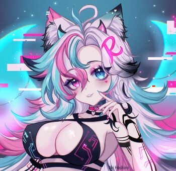 1girl absurdres ahoge aki_hoshino animal_ear_fluff animal_ears artist_name black_choker blue_choker blue_eyes blue_hair blue_nails breasts choker cleavage commentary english_commentary facial_mark hair_between_eyes hair_ornament heart heart_facial_mark heart_o-ring highres indie_virtual_youtuber letter_hair_ornament multicolored_hair multicolored_nails o-ring o-ring_choker parted_lips pink_choker pink_eyes pink_hair pink_nails ravenna_nya solo streaked_hair two-tone_nails upper_body virtual_youtuber white_hair