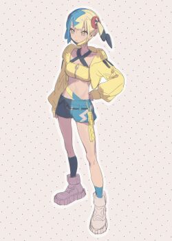 1girl aqua_hair bandeau black_mask black_socks blonde_hair blue_eyes blue_socks boots breasts canari_(pokemon) closed_mouth collarbone criss-cross_straps dark-skinned_female dark_skin fua1heyvot4ifsr full_body highres jacket long_sleeves mask mask_pull mouth_mask multicolored_hair nintendo pokemon pokemon_legends:_z-a short_twintails shorts socks solo split-color_hair sports_bra twintails two-tone_hair two-tone_mask two-tone_shorts white_boots yellow_bandeau yellow_jacket yellow_mask yellow_sports_bra