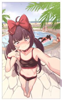 1boy 5girls :3 ahoge barefoot beach bikini black_bikini blush blush_stickers border bow bow_bikini closed_mouth commentary day fallenshadow fang feet fingernails foreshortening hair_bow hand_up highres horizon indie_virtual_youtuber large_bow loli long_fingernails long_hair looking_at_viewer multiple_girls nail_polish navel nose_blush outdoors outstretched_arm overcast palm_leaf pettan_(zeez4743) pink_eyes pink_hair pool purple_hair purple_nails red_bow red_hair selfie simple_bird skin_fang sky standing stomach swimsuit toes twintails untranslatable_commentary very_long_hair virtual_youtuber water white_border white_hair