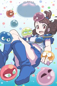 1girl :d arle_nadja arle_nadja_(cosplay) armor armored_dress blob blue_skirt blush brown_hair closed_eyes cosplay creature crossover dress full_body half_updo highres kagari_atsuko little_witch_academia long_hair looking_at_viewer open_mouth ponytail puyo_(puyopuyo) puyopuyo red_eyes simple_background skirt smile solo uganda_(ugandam_00) voice_actor_connection