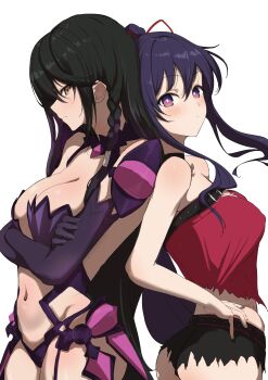 2girls absurdres arched_back back-to-back bare_arms bare_shoulders black_hair black_shorts blush braid breasts commentary_request commission cowboy_shot crossed_arms date_a_live elbow_gloves frayed_shorts from_side gloves hands_on_own_hips highres kaekae_kaeru large_breasts long_hair long_sidelocks looking_at_viewer looking_to_the_side multiple_girls navel ponytail purple_eyes purple_gloves purple_hair red_tube_top revealing_clothes shorts side_braid sidelocks sideways_glance simple_background skeb_commission stomach strapless tales_of_(series) tales_of_berseria tube_top velvet_crowe very_long_hair white_background yatogami_tohka yellow_eyes