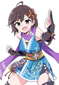 1girl :d ahoge anbe_masahiro armor azami_(saga) brown_eyes brown_hair cowboy_shot fighting_stance hair_ornament hand_up highres japanese_armor kunai looking_at_viewer medium_hair ninja open_mouth romancing_saga_2 saga shoulder_armor simple_background smile sode solo standing thighhighs v-shaped_eyebrows weapon white_background