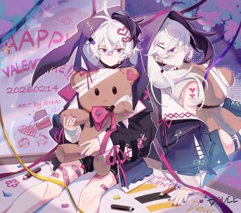 Rule 34 | 2026, 2girls, animal hood, antenna hair, arm at side, arm support, artist name, back-to-back, bandaid on thigh, bare legs, bare shoulders, black hair, black jacket, black mask, black shorts, bow, candy, chocolate, chocolate bar, clothes writing, collared shirt, colored inner hair, commentary, confetti, crayon, cross-laced clothes, cross-laced sleeves, crossed bangs, dated, double-parted bangs, dual persona, earrings, english commentary, english text, eyes visible through hair, feet out of frame, flower (vocaloid), flower (vocaloid3), flower (vocaloid4), food, grey ribbon, hair between eyes, hair ornament, hair over shoulder, hairclip, halftone, halftone background, happy valentine, heart, heart hair ornament, heart tattoo, highres, holding, holding stuffed toy, hood, hood up, hooded jacket, jacket, jacket partially removed, jewelry, jitome, layered sleeves, light particles, long hair, long sleeves, looking at viewer, looking back, mask, mask pull, mouth mask, multicolored hair, multiple girls, nail polish, outline, parallel hairclips, pink bow, pink eyes, pink ribbon, profile, puffy long sleeves, puffy sleeves, purple background, purple eyes, purple hood, purple nails, rabbit hood, reverse trap, ribbon, ribbon-trimmed sleeves, ribbon trim, sailor collar, shai61384166010, shirt, short hair, short over long sleeves, short sleeves, shorts, shoulder tattoo, sitting, skull earrings, sleeveless, sleeveless shirt, sparkle, streaked hair, stuffed animal, stuffed toy, tattoo, teddy bear, thigh strap, tree, twintails, two-tone hair, vocaloid, white hair, white outline, white sailor collar, white shirt, whiteboard