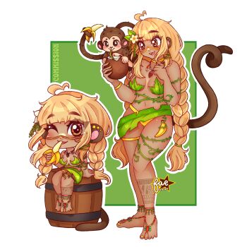 1girl animal_ears banana bananajuju barrel bikini blonde_hair brown_eyes brown_tail coconut faethlysart food fruit highres indie_virtual_youtuber leaf_bikini leg_tattoo long_hair monkey monkey_ears monkey_girl monkey_tail multiple_views plant_clothing swimsuit tail tattoo tribal_tattoo virtual_youtuber