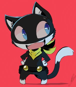 1boy :3 animal_ears belt belt_pouch black_fur blue_eyes cat_boy cat_ears cat_tail chibi chibi_only chibikemo commentary english_commentary fangs full_body furry furry_male halftone hands_on_own_hips highres looking_to_the_side male_focus morgana_(persona_5) neckerchief open_mouth persona persona_5 pouch red_background simple_background smile solo standing tail wolfaroon yellow_neckerchief