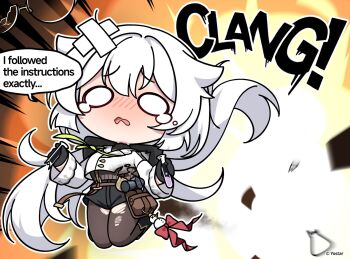 1girl black_boots black_pantyhose black_shorts black_sweater blush boots broken burnt_clothes chibi chibi_only commentary copyright_logo copyright_name copyright_notice crossed_bandaids crying crying_with_eyes_open english_commentary english_text explosion explosion_background failure fuyuka_(probation_period_cleared!)_(stella_sora) fuyuka_(stella_sora) hair_flaps highres holding holding_test_tube jacket legs_up logo long_hair long_sleeves nose_blush official_art open_mouth pantyhose raised_inner_eyebrows short_shorts shorts solo speech_bubble stella_sora sweater tears test_tube torn_clothes torn_pantyhose turtleneck turtleneck_sweater very_long_hair white_hair white_jacket wide_oval_eyes