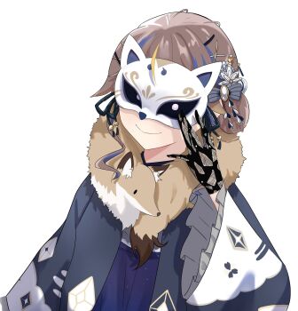 Rule 34 | 1girl, anya melfissa, anya melfissa (new year), black gloves, blonde hair, blonde streaks, blue hair, blue kimono, blue streaks, brown hair, closed mouth, commentary, facing viewer, fox mask, frilled sleeves, frills, gloves, hair bun, hair flaps, hair ornament, hashtag-only commentary, highres, holding, holding mask, hololive, hololive indonesia, japanese clothes, kanzashi, kimono, lace, lace gloves, long sleeves, mask, mask on head, print kimono, simple background, single sidelock, smile, solo, soraha 123, untranslatable commentary, upper body, virtual youtuber, white background, x hair ornament