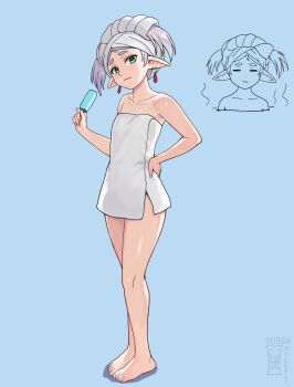 1girl absurdres barefoot blue_background blue_eyes collarbone earrings elf food frieren full_body grey_hair hand_on_own_hip highres holding jewelry long_hair looking_at_viewer multiple_views pointy_ears popsicle simple_background smile solo sousou_no_frieren standing towel watcher_hollow white_hair