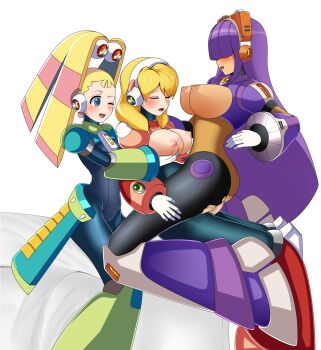 1futa 2girls alia_(mega_man) android armor black_bodysuit blonde_hair blue_eyes blush bodysuit breasts breasts_out capcom covered_eyes dark-skinned_female dark_skin futa_with_female futanari girl_on_top green_skirt grabbing_another&#039;s_breast hand_on_breast hand_on_leg highres large_breasts layer_(mega_man) lluanhyperzero mega_man_(series) mega_man_x_(series) multiple_girls pallette_(mega_man) pantyhose pink_armor purple_hair robot robot_girl skirt smile torn_clothes torn_pantyhose