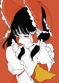 1girl ascot asuzemu bare_shoulders black_hair bow closed_eyes closed_mouth detached_sleeves expressionless frills hair_tubes hakurei_reimu medium_hair red_background red_bow red_shirt shirt sleeveless sleeveless_shirt solo touhou upper_body yellow_ascot