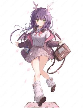 1girl :o acrylic_stand_(medium) bag blush bow bowtie braid brown_bag brown_jacket brown_shoes commentary_request dragon_girl dragon_horns dragon_wings drapri_guu-ta-life falling_petals floating_hair full_body green_eyes grey_skirt hair_between_eyes hair_bow hands_up headphones headphones_around_neck highres holding holding_bag horns jacket jacket_partially_removed kneehighs knees_together_feet_apart loafers long_hair long_sleeves looking_at_viewer loose_socks low_twin_braids miniskirt open_clothes open_jacket open_mouth petals plaid_clothes plaid_skirt pleated_skirt purple_hair red_bow red_bowtie sample_watermark sango_(drapri_guu-ta-life) school_bag school_uniform shirt shoe_soles shoes skirt socks solo sun tsubatyissimo2 twin_braids watermark white_background white_bow white_shirt white_socks wings