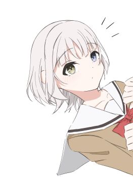 1girl bang_dream! bang_dream!_it&#039;s_mygo!!!!! blue_eyes blush bow bowtie brown_shirt closed_mouth commentary_request hanasakigawa_school_uniform heterochromia highres kaname_raana melty_lubll red_bow red_bowtie sailor_collar school_uniform serafuku shirt short_hair solo white_hair white_sailor_collar yellow_eyes
