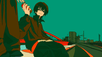 2boys black_hair black_jacket black_pants brown_eyes building can closed_mouth commentary day feet_out_of_frame fuwa29ne green_sky highres holding holding_can jacket long_sleeves looking_at_viewer male_focus multiple_boys original outdoors pants road short_hair sitting sky