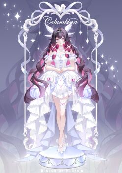 1girl absurdres alternate_costume bare_shoulders black_hair character_name closed_mouth columbina_(genshin_impact) commentary crossed_knees dress english_commentary gem genshin_impact grey_background hair_ornament heart-shaped_gem highres light_blush long_hair looking_at_viewer minzu_u multicolored_hair pink_gemstone purple_eyes purple_hair shoes sleeveless sleeveless_dress smile standing very_long_hair white_dress white_shoes wing_hair_ornament zoom_layer