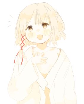 1girl bare_chest blonde_hair blush braid deathtopia_virtuoso_suicide-master fang highres looking_at_viewer makigorogoro monogatari_(series) open_clothes ribbon short_hair side_braid smile solo vampire white_background yellow_eyes