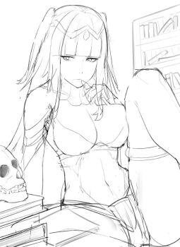 1girl blunt_bangs bodystocking bodysuit book book_stack bookshelf breast_press breasts bridal_gauntlets cape fire_emblem fire_emblem_awakening highres indoors j@ck jewelry large_breasts long_hair looking_to_the_side nail_polish nintendo see-through_clothes sitting sketch skin_tight skull spread_legs tharja_(fire_emblem) thighlet tiara two_side_up underbust unfinished very_long_hair window