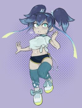 Rule 34 | 1girl, blue eyes, blue hair, blue thighhighs, breasts, breath, buruma, colored tips, fubukihime, full body, gym uniform, hachimaki, hands up, headband, knee up, looking at viewer, medium breasts, melflower art, multicolored hair, official alternate costume, pale skin, shirt, shoes, short shorts, short sleeves, shorts, solo, standing, standing on one leg, sweat, thighhighs, tied shirt, twintails, two-tone hair, undoukai fubukihime, white shirt, white shoes, youkai watch, youkai watch: punipuni