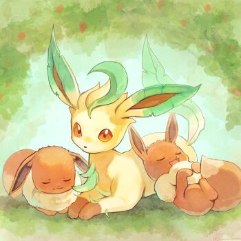 :d brown_eyes closed_eyes closed_mouth commentary_request day eevee furukawa_raku gen_1_pokemon gen_4_pokemon highres leafeon lying nintendo no_humans open_mouth outdoors pokemon pokemon_(creature) pokemon_focus smile