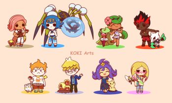 4boys 4girls acerola_(pokemon) alolan_dugtrio alolan_form alolan_marowak araquanid artist_name belt black_hair blonde_hair blue_dress blue_hair blue_jacket blue_pants blue_shirt blush blush_stickers bone bracelet brown_shorts brown_sweater_vest chibi closed_eyes closed_mouth collared_shirt commentary dark-skinned_female dark-skinned_male dark_skin dress english_commentary eyelashes facepaint fire full_body gen_7_pokemon glasses green_fire green_footwear green_hair green_pants grey-framed_eyewear grey_belt grey_overalls half-closed_eyes hands_up holding holding_bone holding_poke_ball holding_sketchbook ilima_(pokemon) jacket jewelry kiawe_(pokemon) koki_arts lana_(pokemon) long_hair looking_at_viewer mallow_(pokemon) mimikyu mina_(pokemon) molayne_(pokemon) multicolored_hair multiple_boys multiple_girls necklace nintendo open_clothes open_jacket open_mouth orange_hair outstretched_arm overalls paint_on_clothes pants pink_hair poke_ball poke_ball_(basic) pokemon pokemon_(creature) pokemon_sm purple_hair red_hair red_shorts ribombee sandals scarf sharp_teeth shirt short_hair short_sleeves shorts simple_background sketchbook sophocles_(pokemon) standing sweater_vest teeth togedemaru topless_male tsareena twintails two-tone_hair white_pants white_shirt yellow_scarf yungoos