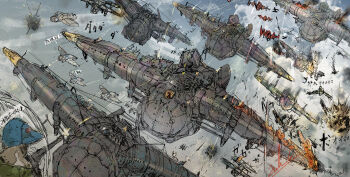 1boy absurdres aerial_battle aircraft battle bullet cloud commentary_request dogfight explosion fantasy fire firing helmet highres hiranko kaze_no_tani_no_nausicaa military military_vehicle muzzle_flash outdoors sky translation_request vehicle_focus