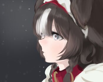 1girl absurdres animal_collar animal_ears bibi_biscuit black_hair blue_eyes cafflin close-up closed_mouth collar commentary dog_ears dog_girl english_commentary highres maid_headdress multicolored_hair phase_connect red_collar solo two-tone_hair virtual_youtuber white_hair