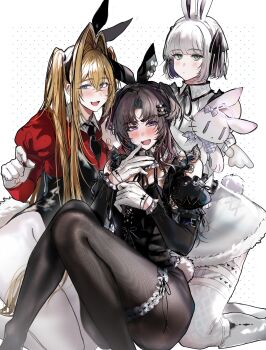 3boys absurdres animal_ears ayase_ayato_(imamiya_pinoko) black_hair black_pantyhose blonde_hair blue_eyes blush bob_cut fake_animal_ears gloves green_eyes hair_intakes halo highres hirakawa_mahiru_(imamiya_pinoko) imamiya_pinoko kakage_azusa_(imamiya_pinoko) kneeling long_hair male_playboy_bunny multiple_boys necktie original pantyhose purple_eyes rabbit_ears short_hair simple_background sitting stuffed_animal stuffed_rabbit stuffed_toy thick_eyebrows thighhighs trap twintails two_side_up white_gloves white_hair white_pantyhose white_thighhighs